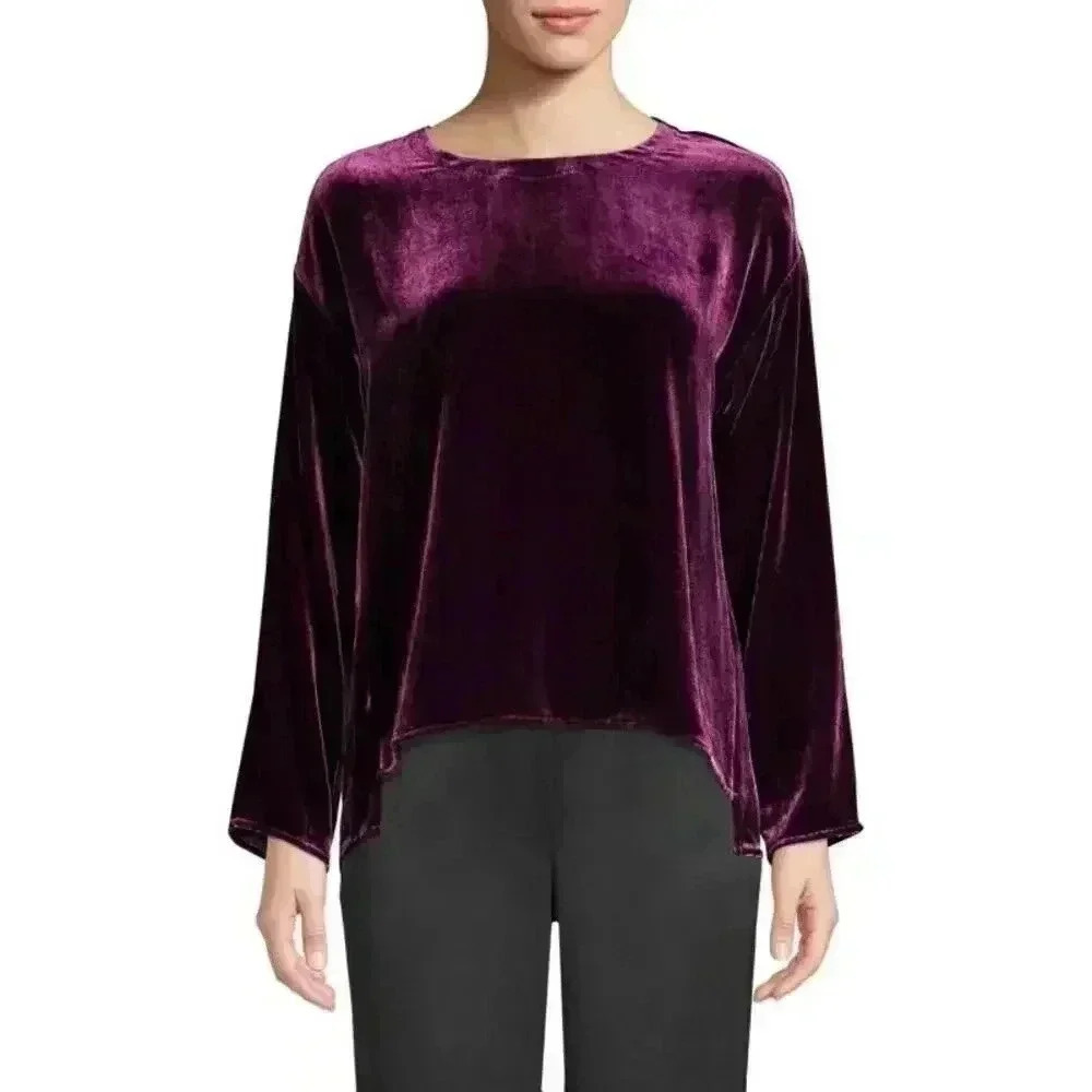 Eileen Fisher Velvet Silk Blend Top In Raisin Purple Bracelet Sleeve Xl